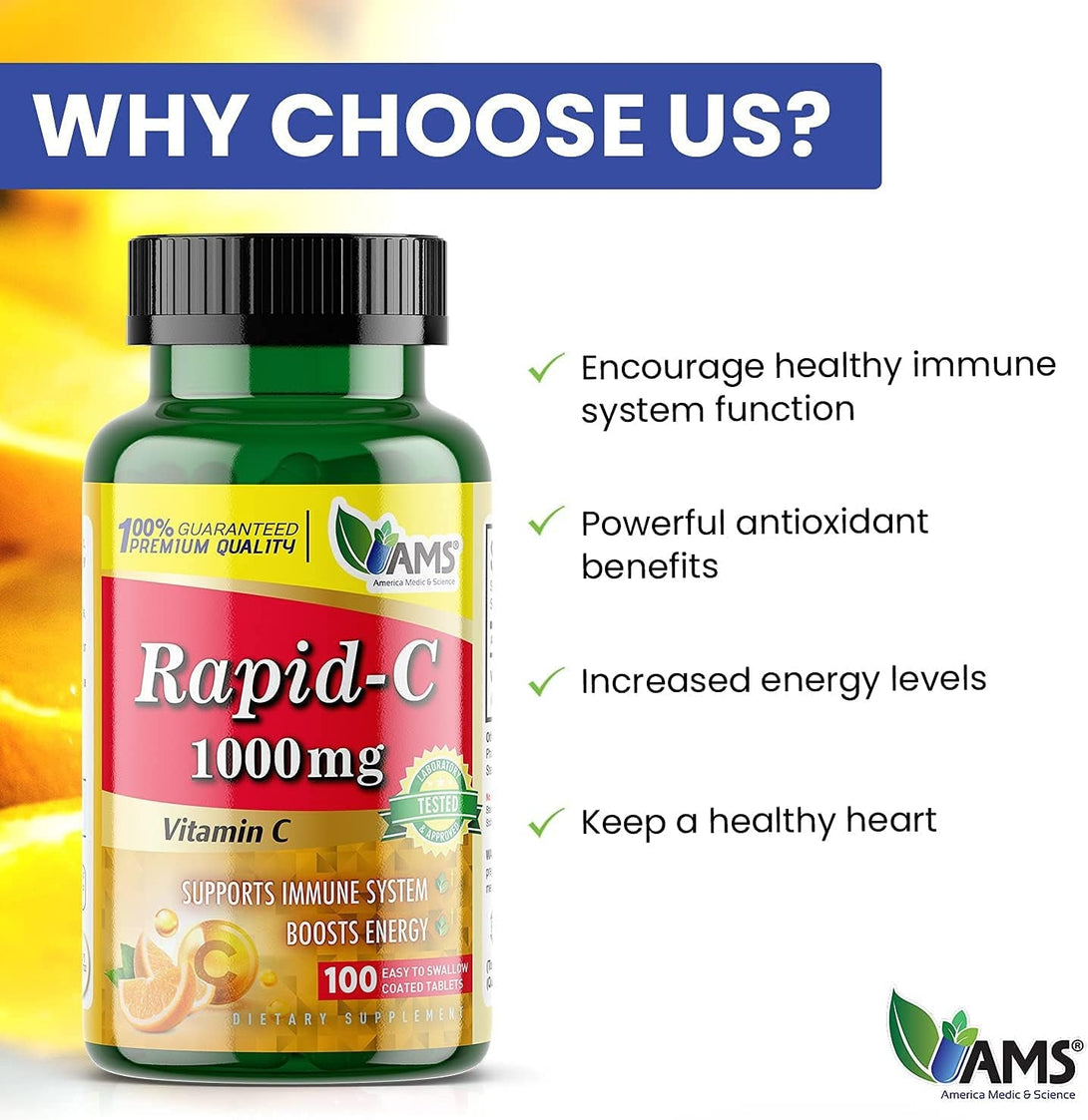 America Medic & Science Rapid-C 1000Mg Vitamin C Supplement (5 Pack of 100 Tablets) Energy Booster, Daily Immune System Support, Antioxidant | Vegan, Non-Gmo Coated Ascorbic Acid for Adult Men & Women