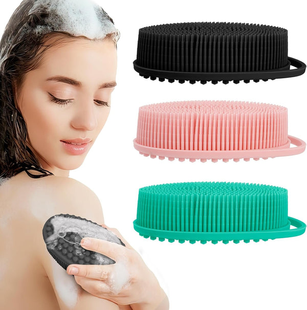 3 Pack Silicone Body Scrubber, Silicone Loofah Exfoliating Soft Body Scrubber, Silicone Body Brush Bath Shower Scrubber for Body, 2 in 1 Bath and Shampoo Wash Brush for Skin Exfoliation Men Women