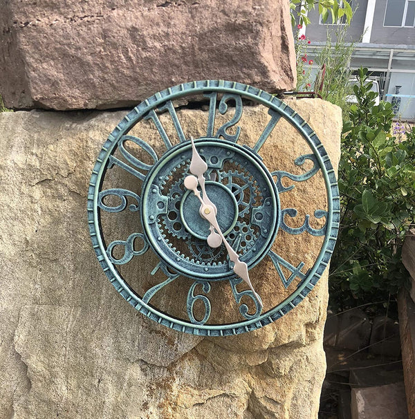 12 Inch Silent Non Ticking Outdoor/Indoor Wall Clock, Waterproof, Green, Retro Style