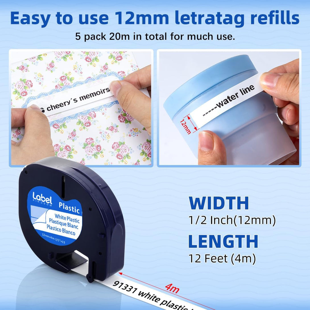 Compatible with DYMO Letratag Label Maker Refill 91331 White Plastic Tape 12Mm X 4M (1/2" X 13') for Labeler Letra Tag 200B LT 100H 100T Plus, 5-Pack Label KINGDOM Label