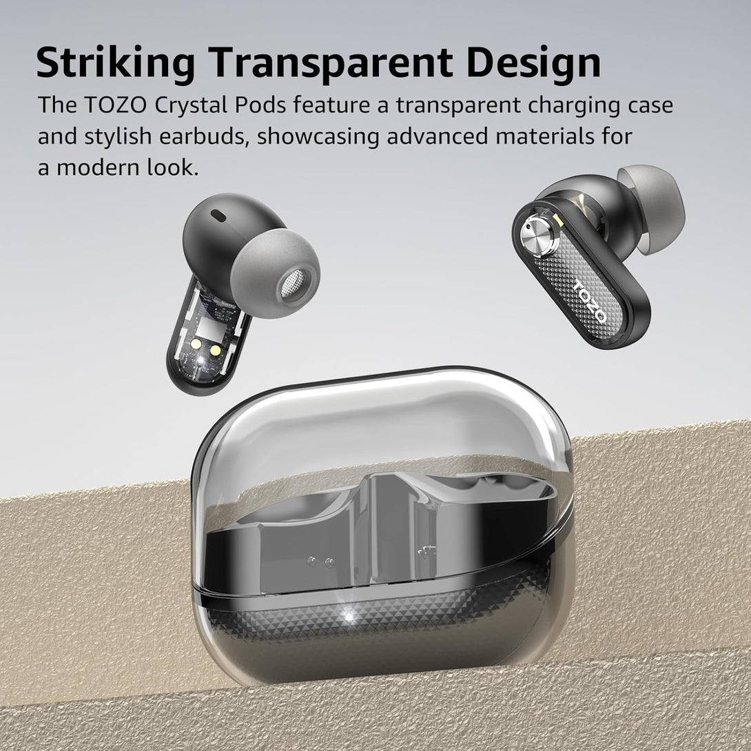 TOZO Hybrid Active Noise Cancelling Wireless Earbuds, 10Mm Drivers Deep Bass Stereo Sound, 4 Mics Smart ENC AI Calls, 32 EQ Customization via App, Bluetooth 5.4 Headphones, Crystal Case Design