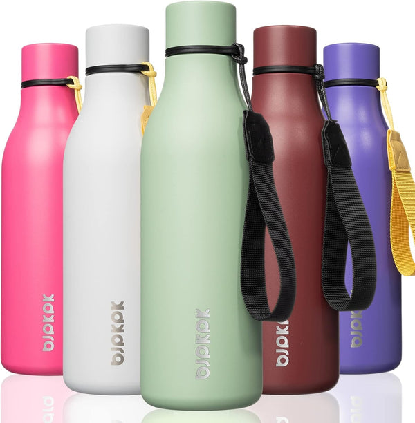 BJPKPK Insulated Water Bottles, 18 Oz Stainless Steel Metal Water Bottle with Strap, BPA Free Leak Proof Thermos, Mugs, Flasks, Reusable Water Bottle for Sports & Travel, Macaron Green