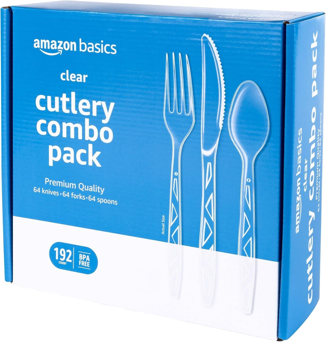 Amazon Basics Disposable Clear Assorted Cutlery Set, Premium Quality, 192 Count, Large Combo Pack Forks, Spoon and Knives