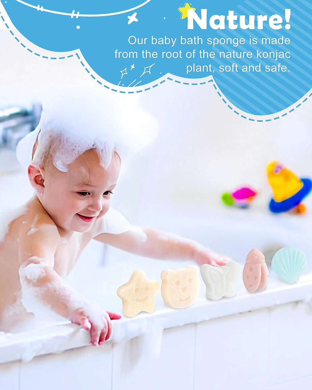 Mohern Konjac Baby Sponge for Bathing, 5Pcs Natural Cute Shapes, Kids Bath Sponges for Infants, Toddler Bath Time, Plant-Based, Extra Soft