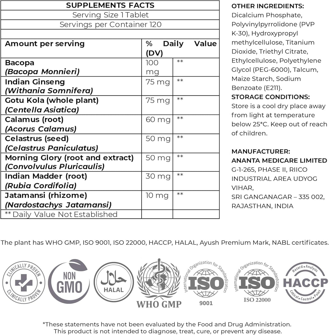 Anantavati Sleep Supplement – Extra Strength Bacopa for Stress Relief & Deep Sleep – 120 Vegetarian Tablets