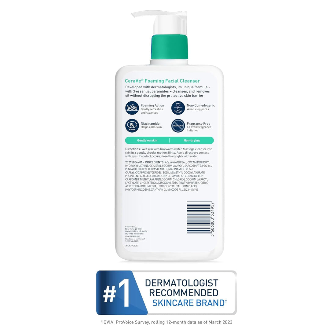 Cerave Foaming Facial Cleanser, Daily Face Wash for Oily Skin, Hyaluronic Acid + Ceramides + Niacinamide, Fragrance Free & Paraben Free, Non-Drying Oil Control Face Wash, 16 Fluid Ounces