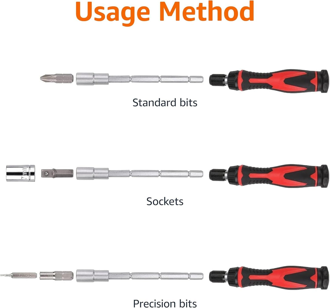 Amazon Basics Magnetic Ratcheting Wrench and Electronics Precision Screwdriver Set, 73 Count (Pack of 1), Black/Red/Silver