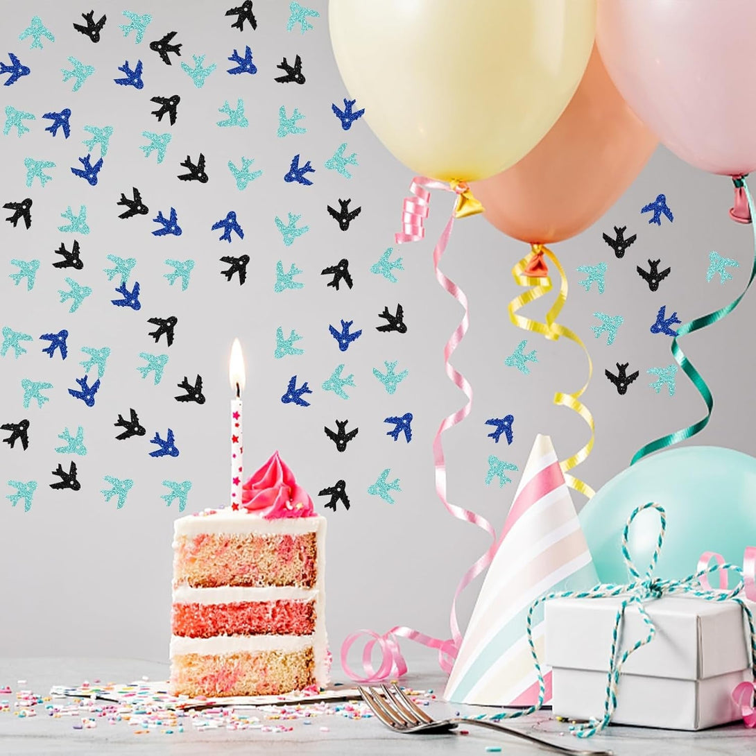 100Pcs Airplane Confetti, Blue&Black Glitter Plane Table Confetti, Boys Birthday Paper Scatters, Baby Shower/Retirement/Travel Theme Party Table Decoration