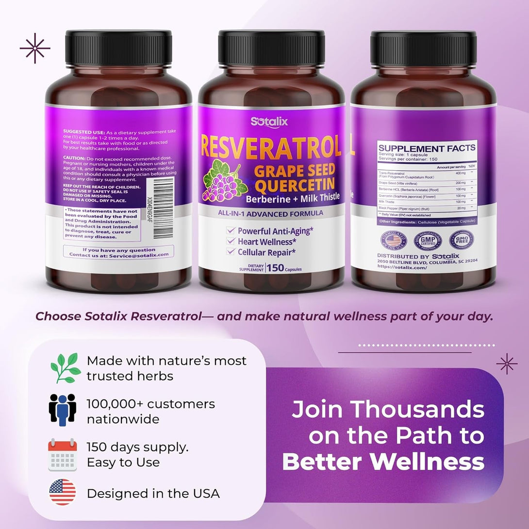 Resveratrol with Grape Seed + Quercetin Berberine + Milk Thistle Powerful Anti-Aging - USA Made & Tested (150-Day Supply (Pack of 1))