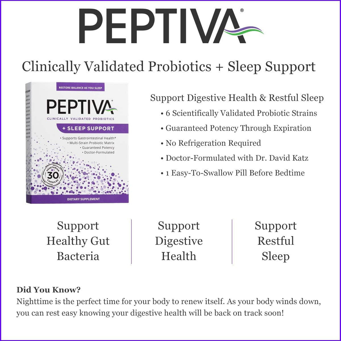 Peptiva 26 Billion CFU Probiotic and Sleep Support - Clinically Validated Multi-Strain Probiotic - Lactobacillus and Bifidobacterium, Melatonin - 30 Count