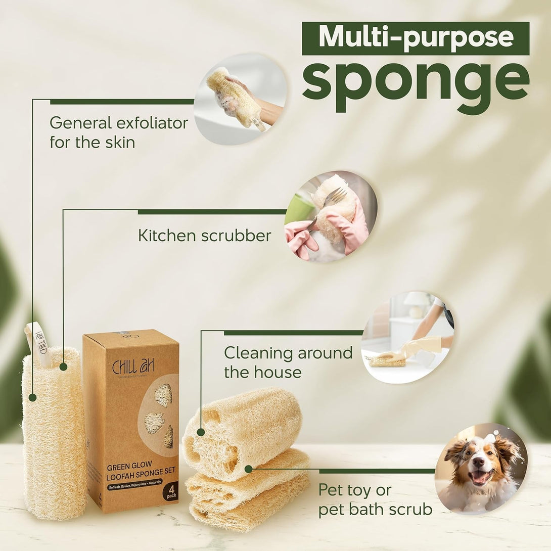 Chill Ah Green Glow Natural Loofah Sponge Set – 100% Plant-Based, Dye-Free, Biodegradable, Scratch-Free, Handcrafted in Vietnam (4-Pack)
