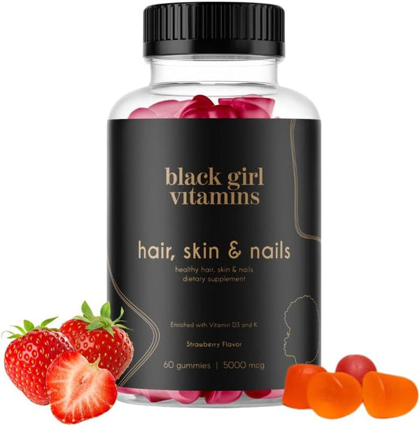 Black Girl Vitamins - Hair, Skin, and Nails Gummies with Biotin (6000 Mcg), Zinc, Gelatin Free, Vitamin A, and Vitamin E - Gluten-Free. Made in the USA (Strawberry, 60 Count) 30 Day Supply