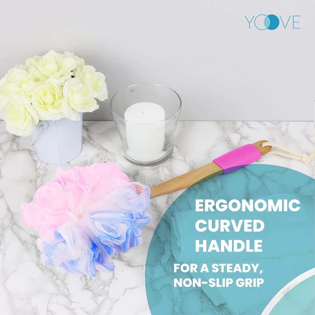 Yoove Loofah Back Scrubber W/Bamboo Charcoal Fiber Infused Bath Sponge, Wooden Handle, Luffa Pouf, Sponge Stick & Hanging Hook for Men & Women, Pink Loofah W/Handle, Loofa, Lufa Body Scrubber Stick