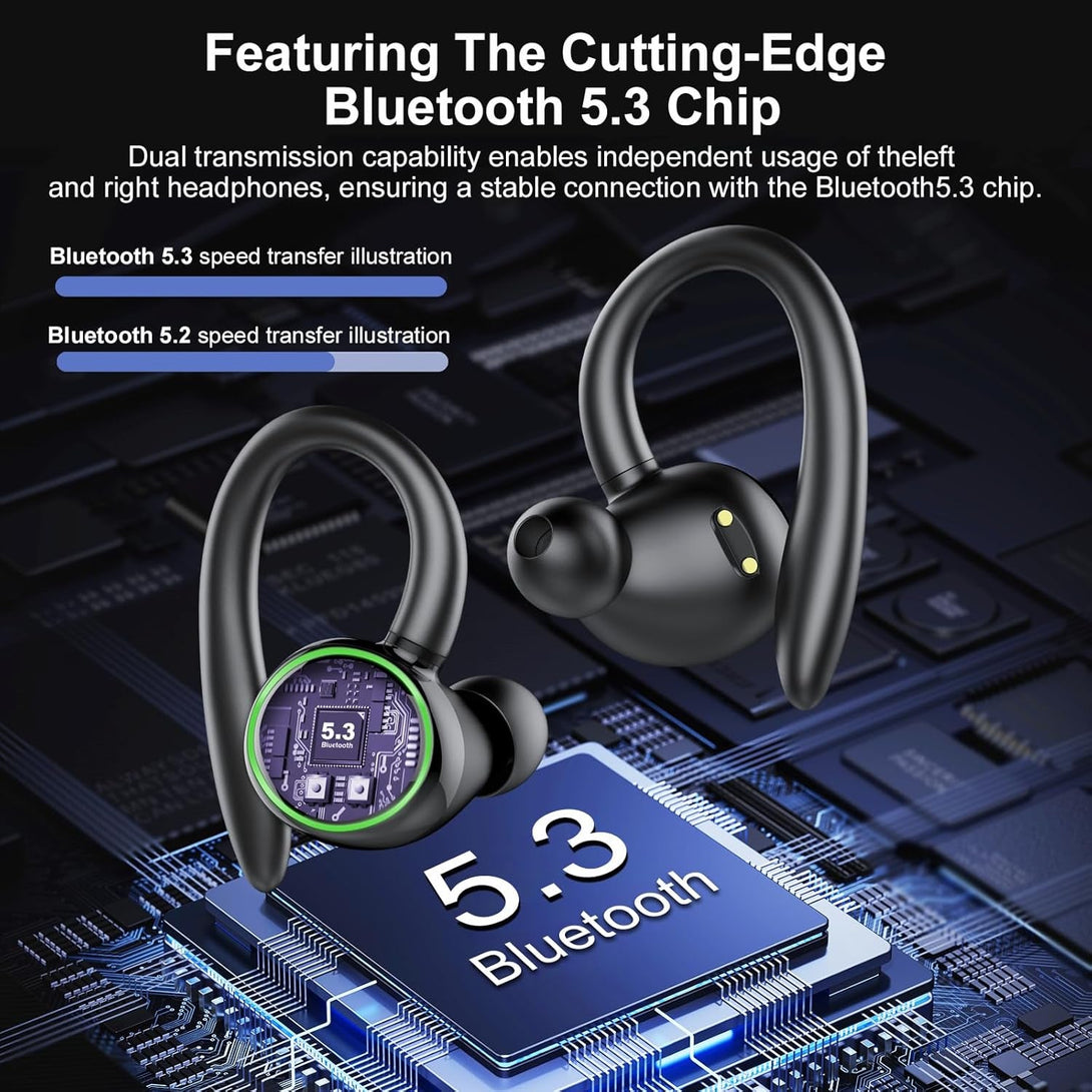 Wireless Earbuds, Bluetooth 5.3 Headphones Sport, over Ear Buds with ENC Noise Cancelling Mic, 48H, Wireless Earphone with Earhooks, Stereo Deep Bass, IP7 Waterproof Headset for Workout Running, Black
