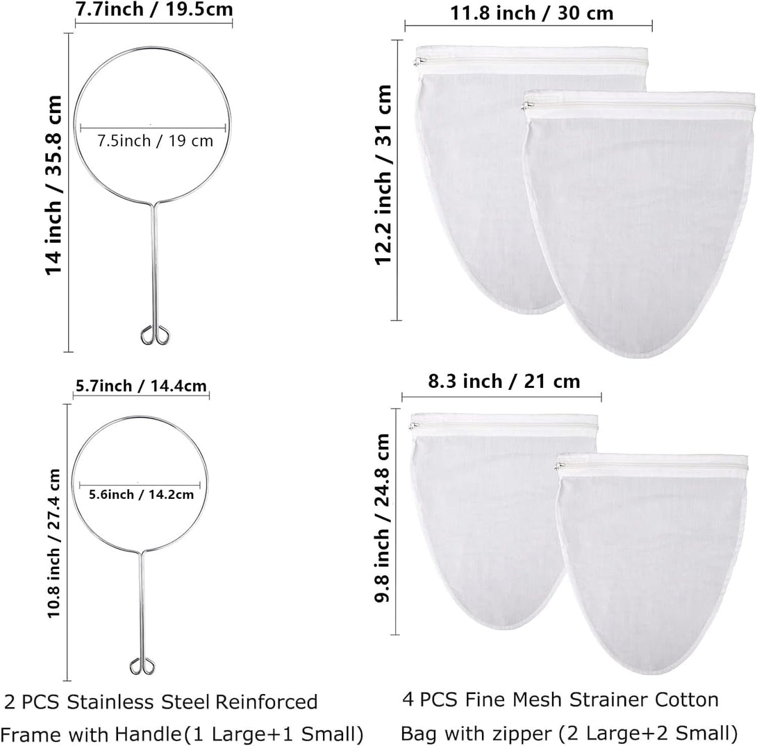 WMKGG Ultra Fine Mesh Strainer Bags, Reusable Mesh Filter Bags with Stainless Steel Handle Frame for Filter Nutmilk, Coffee, Milk, Butter, Juices and Fresh Cheese (Large + Small)