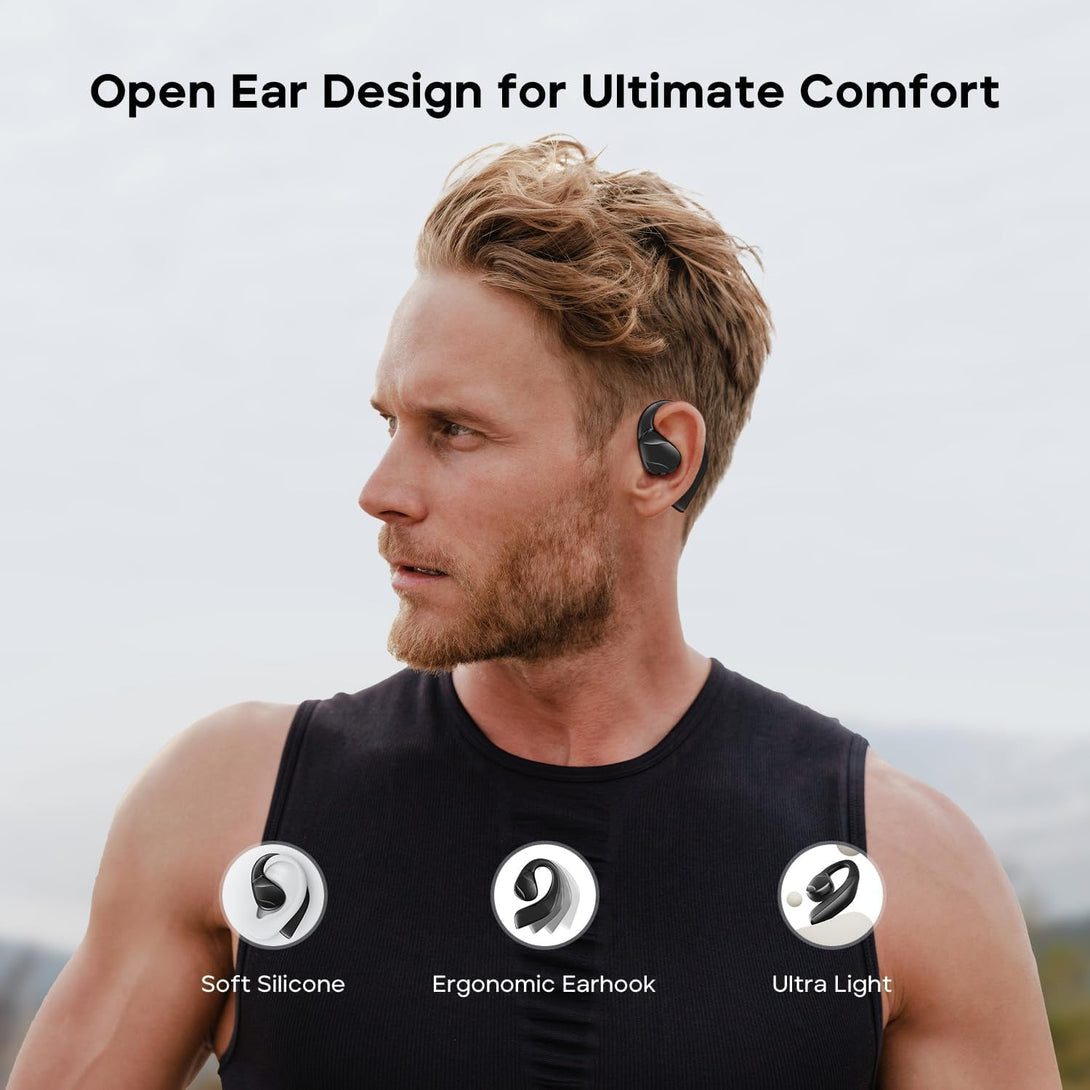 Tribit Open-Ear Headphones Opengo, Wireless Earbuds with Bluetooth 5.3, IPX5 Waterproof Sport Earphones, 104H Playtime with Charging Case, Ergonomic Earhooks, LED Display, Built-In Mic for Workout