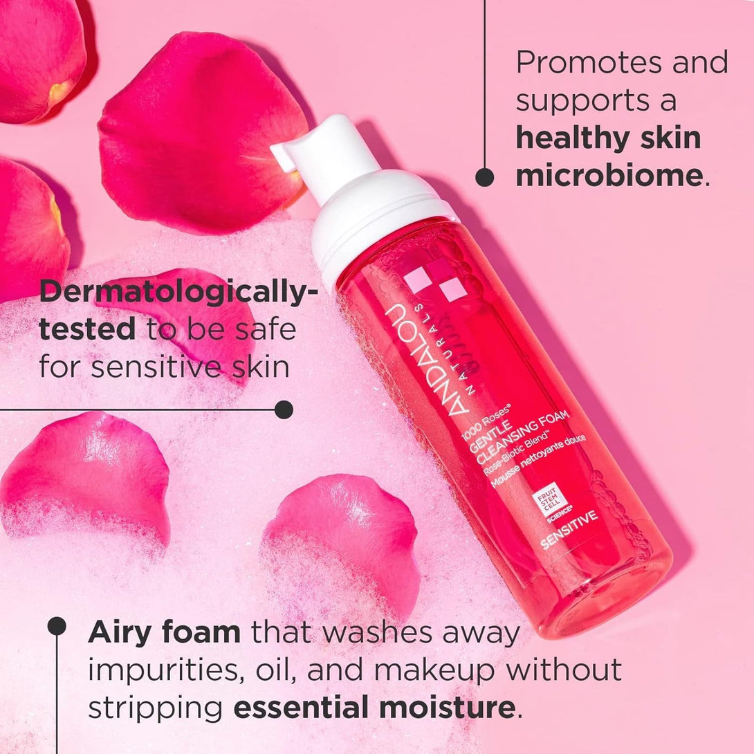 Andalou Naturals 1000 ROSES Gentle Cleansing Foam Face Wash, Hydrating Foaming Facial Cleanser with Rosewater & Aloe for Women & Men, Non Toxic, Vegan