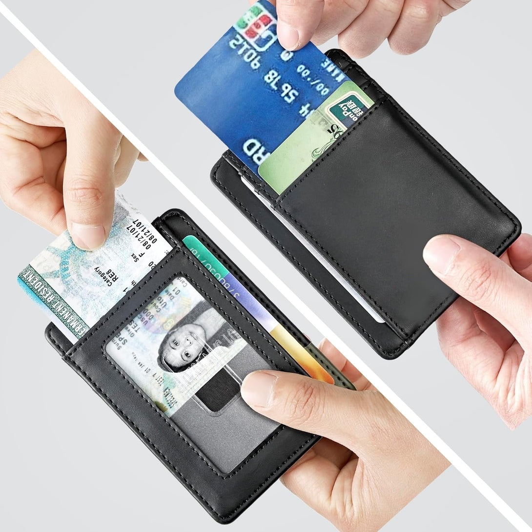 Trifold Wallet for Men Wallets with 8 Card Slot and 2 Money Pocket and 1 Clear Windows Slot + 1 Slim Card Pocket for Credit Card with 6 Card Slot and 1 Transparent Windows Slot - Black