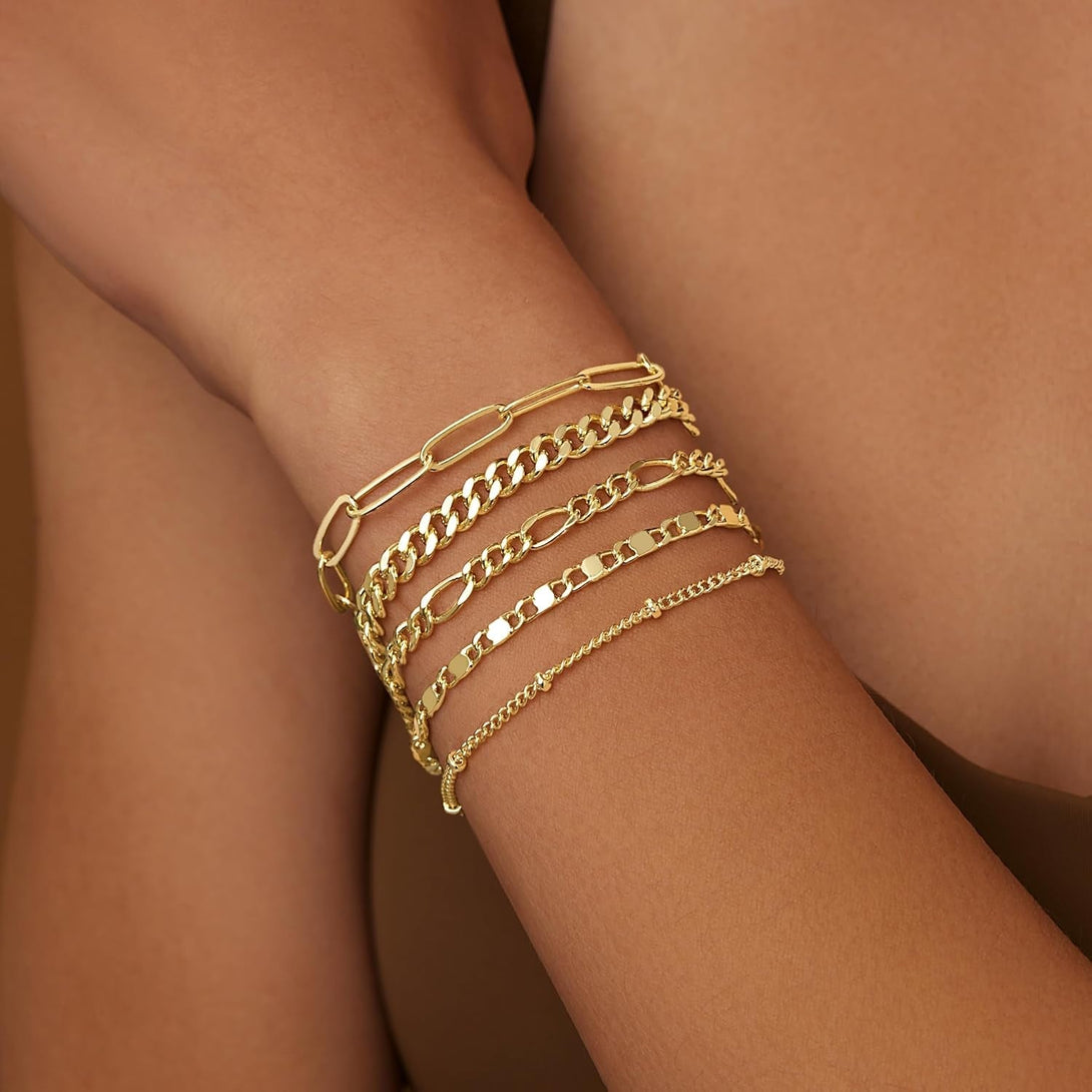 Gold Bracelets for Women Trendy,14K Real Gold Plated Dainty Stackable Paperclip Cuban Link Chain Bracelets,Cuff Bracelets Jewelry Set Adjustable 7"+2"