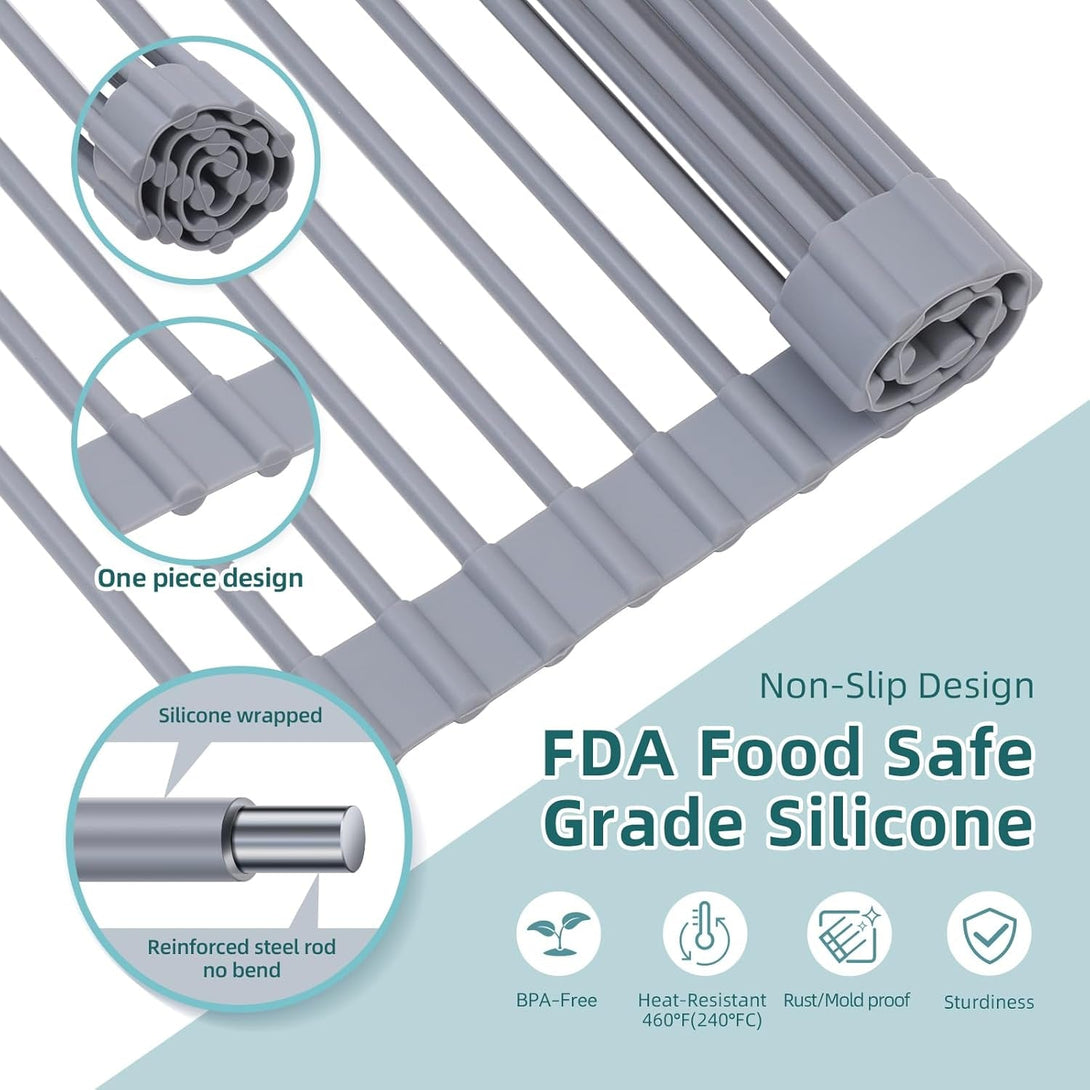 Ohuhu over Sink Dish Drying Rack, Silicone Wrapped 17.6" W X 15.4" L Large over the Sink Roll up Dish Drainer - Foldable Sink Drying Rack Rolling Drain Mats Anti-Slip Multipurpose for Kitchen Counter
