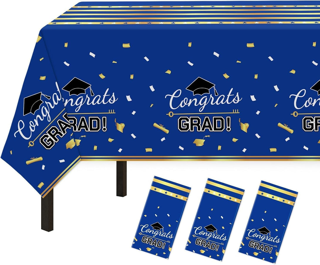 Childom 3 Pack Graduation Tablecloth,Graduation Party Decorations 2025 Blue and Gold,54"X108" Disposable Plastic Table Cloth,Waterproof Plastic Disposable Tablecloth for Home,School,Party Supplies