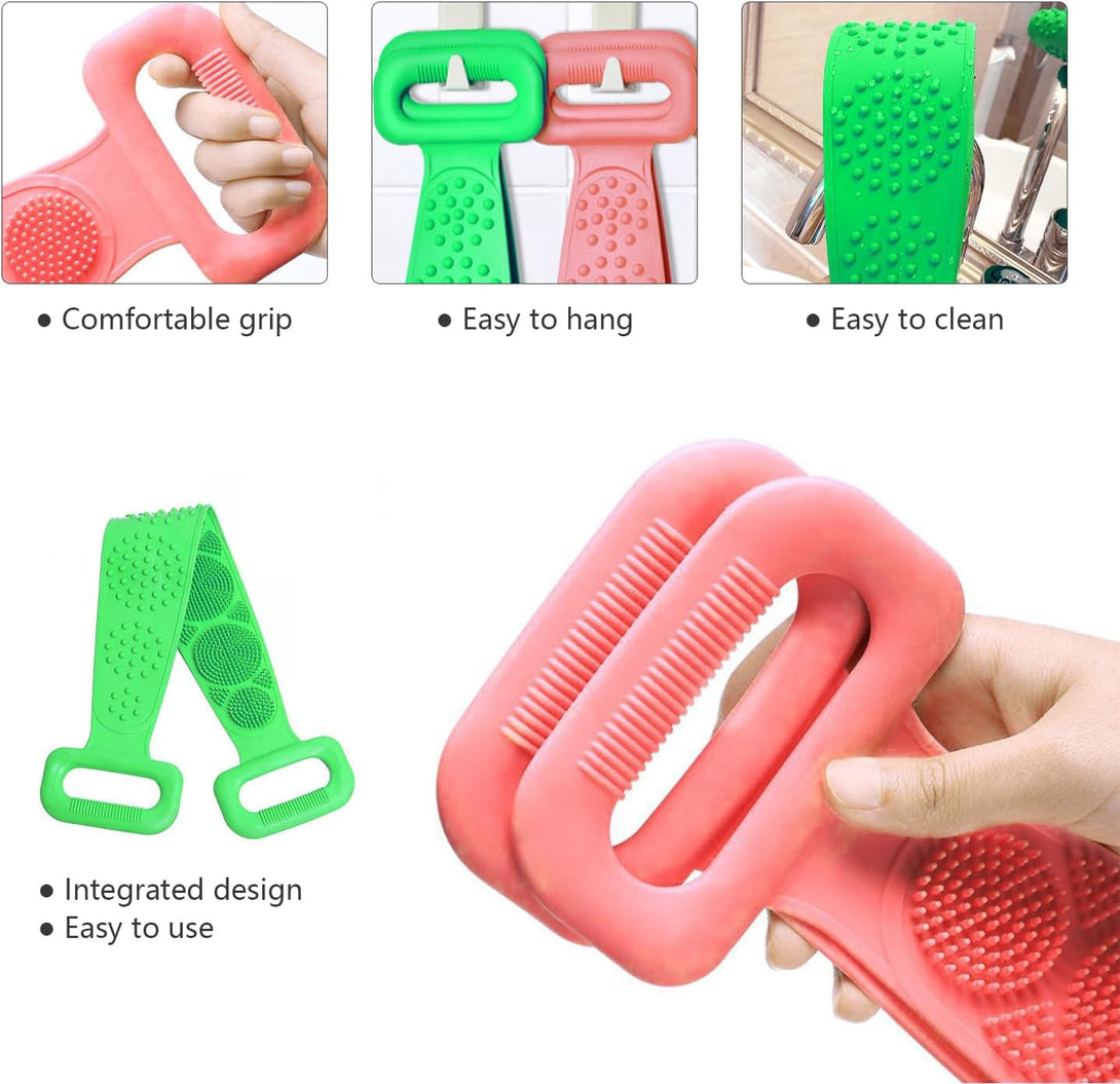 Back Scrubber for Shower,2 Pcs Silicone Back Scrubber for Shower, Silicone Exfoliating Bath Body Brush with Handle for Mens and Womens (Pink/Green)