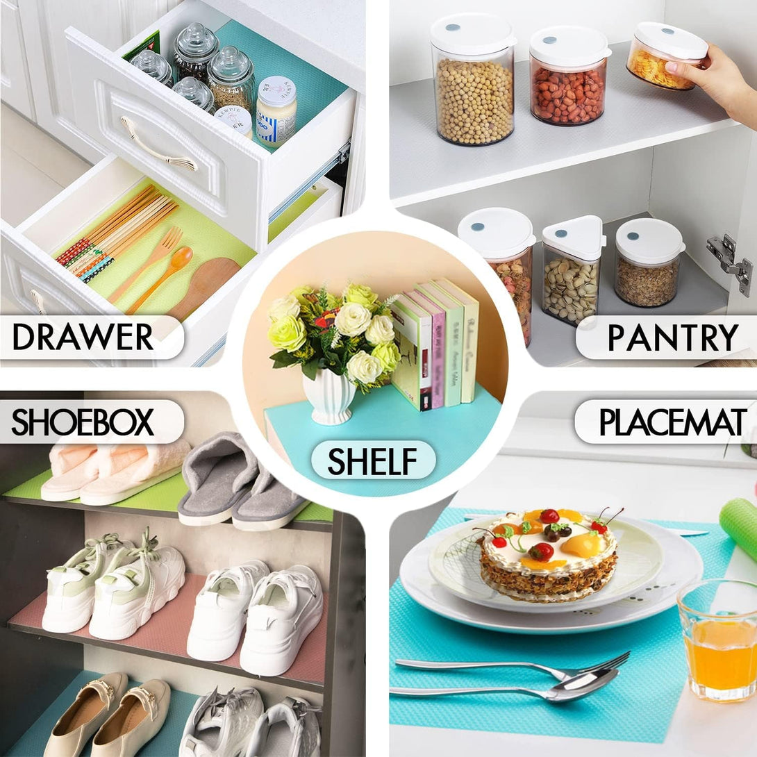 12 Pcs Refrigerator Liners, Maynest Washable Mats Covers Pads, Home Kitchen Gadgets Accessories Organization for Top Freezer Glass Shelf Wire Shelving Cupboard Cabinet Drawers (4 Blue+4 Green+4 Red)