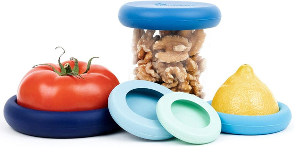 Food Huggers 5Pc Reusable Silicone Food Savers | BPA Free & Dishwasher Safe | Fruit & Vegetable Produce Storage for Onion, Tomato, Lemon, Banana, Cans & More | Round, Ice Blue