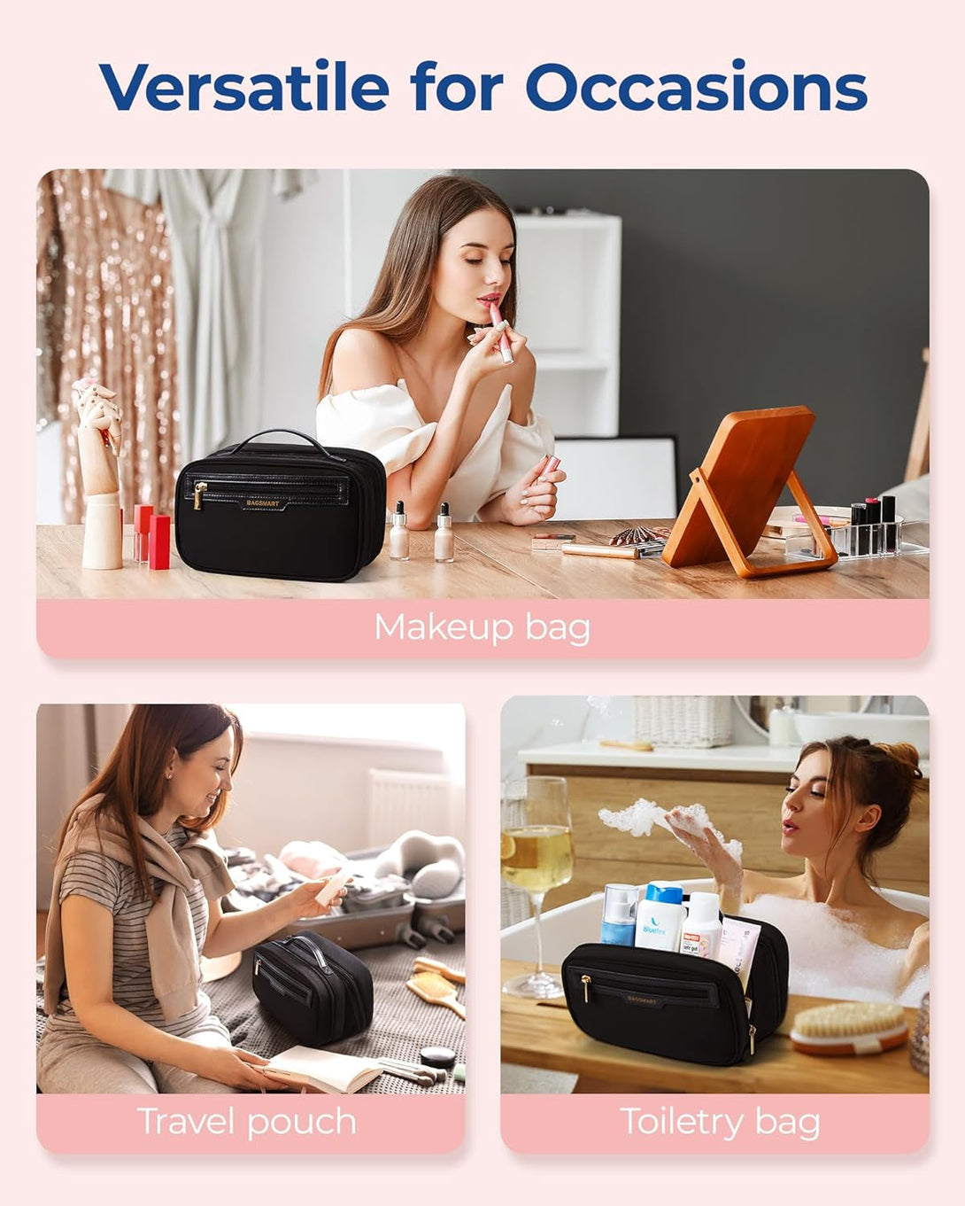 BAGSMART Travel Makeup Bag, Make up Bag with Multiple Compartments for Organizer, Durable & Compact Cosmetic Organizer for Women for Travel Accessories (Black