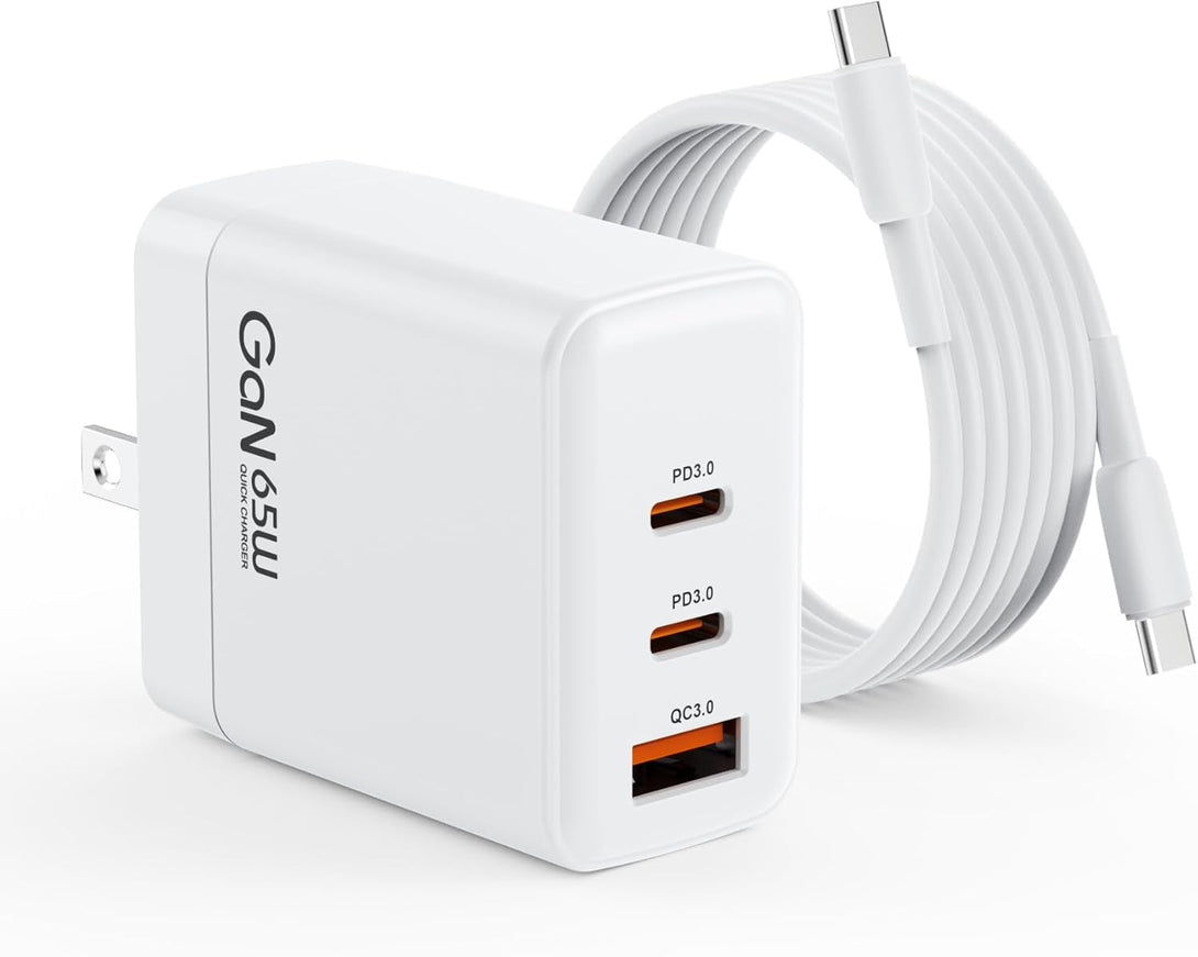 65W Power Adapter US Plug, 3-Port USB C and USB a Charger with PD/QC 3.0, Compact Gan Technology for Travel, Office, Home, Travel Friendly and Thermal Protection