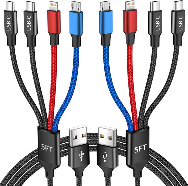 Dual Type-C 4 in 1 Charging Cable 2Pack 5FT, Multi Charging Cable for Multiple Devices, Universal USB Cable with Ip/Micro/Dual USB-C Port Compatible Iphone16/15/14 Series, Cell Phones Tablets Pads