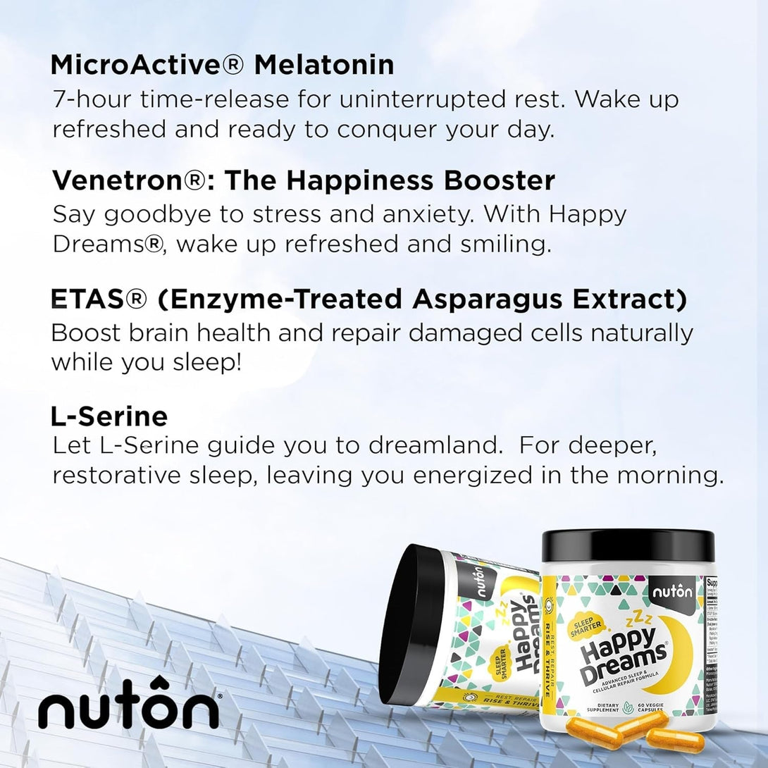 Nuton Happy Dreams Sleep Supplement - Natural Sleep Aids for Adults, Time Release Melatonin, ETAS Asparagus & Venetron Extract, Rest Support Supplement, Natural Aid for Adults, 60 Veggie Capsules