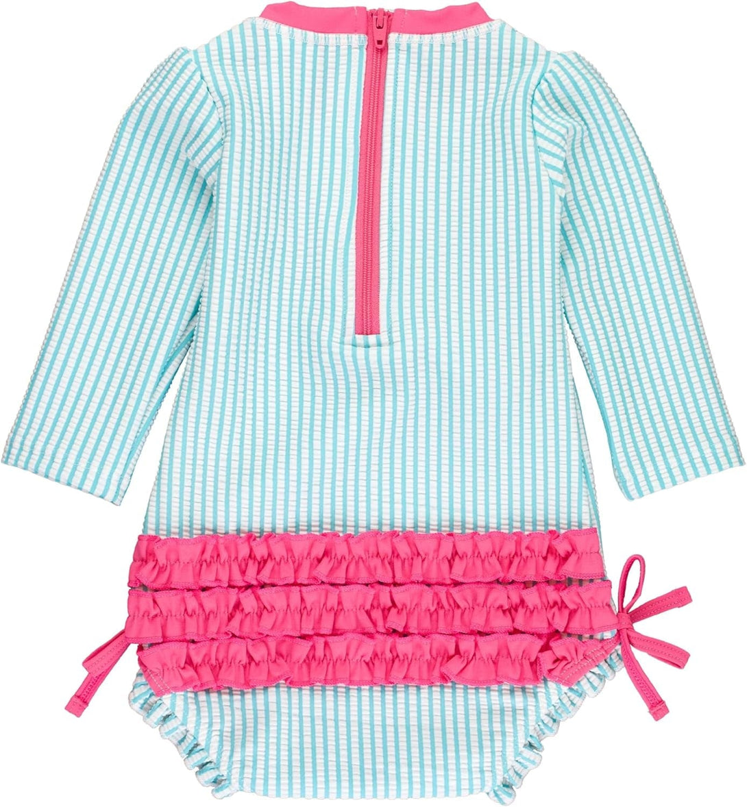 Rufflebutts Baby/Toddler Girls Seersucker Long Sleeve One Piece Rash Guard Swimsuit with UPF 50+ Sun Protection
