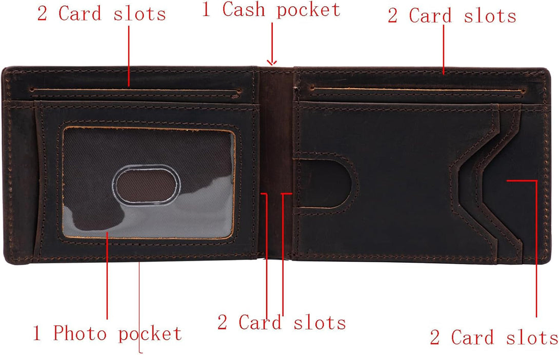 Mens Bifold Crazy Horse Leather Wallet, Slim Minimalist RFID Blocking Genuine Leather Wallet for Men with ID Window and 8 Cards Slot（Dark Brown）