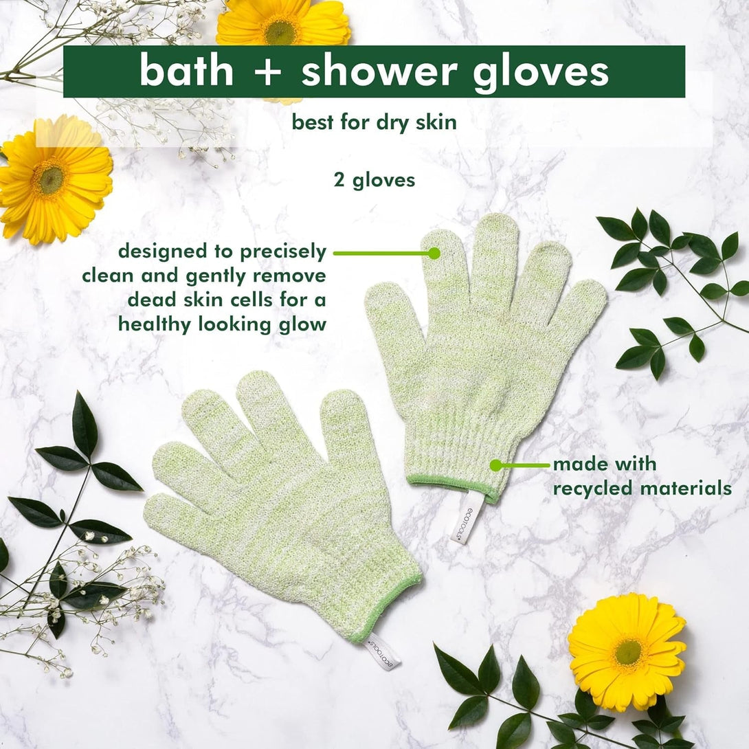 Ecotools Bath & Shower Gloves, Recycled Netting, Exfoliating, Gentle Cleansing for Whole Body, Fits All Hands, Green, 1 Pair