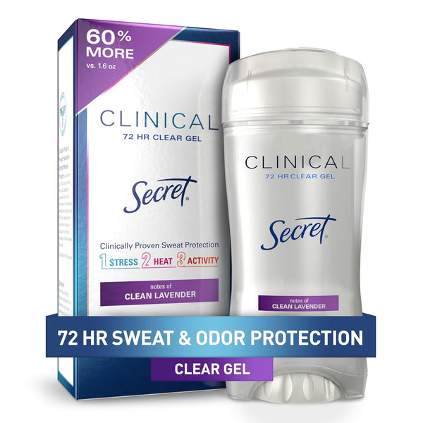 Secret Clinical Strength Antiperspirant Deodorant for Women, 3X Stress Protection, 72Hr Sweat & Odor Protection, PH Balancing Minerals, Clear Gel, Clean Lavender Scent, 2.6 Oz