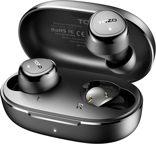 TOZO E1 Wireless Earbuds Build in Mic Clear Calls Ergonomic Light Weight Bluetooth 5.3 in Ear Headphones IPX6 Waterproof Premium Stereo Sound Ear Buds 30H Playtime with 32 Eqs via APP, Black