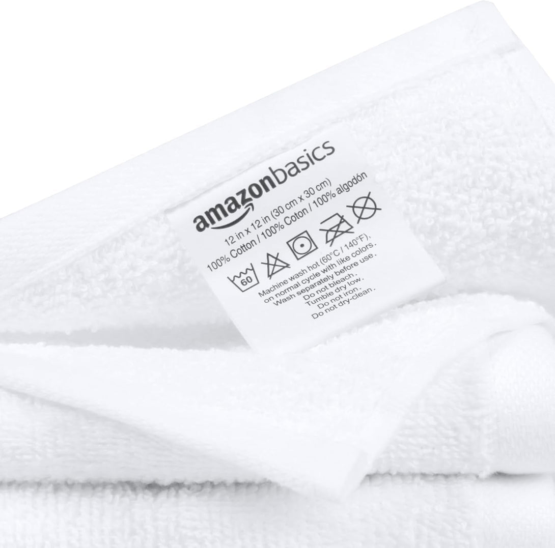 Amazon Basics Fast Drying Cotton Washcloths for Bathroom, Machine Washable, Soft and Highly Absorbent, 12 X 12 In, White, 24-Pack