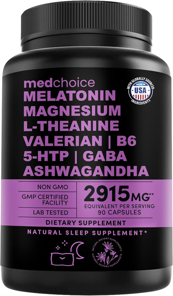 12-In-1 Melatonin Sleep Capsules - Natural Sleep Aids for Adults with Melatonin 5Mg and Magnesium Glycinate 500Mg, Sleep Aid with Ashwagandha, L Theanine, Valerian Root, GABA, 5-HTP (90Ct, Pack of 1)