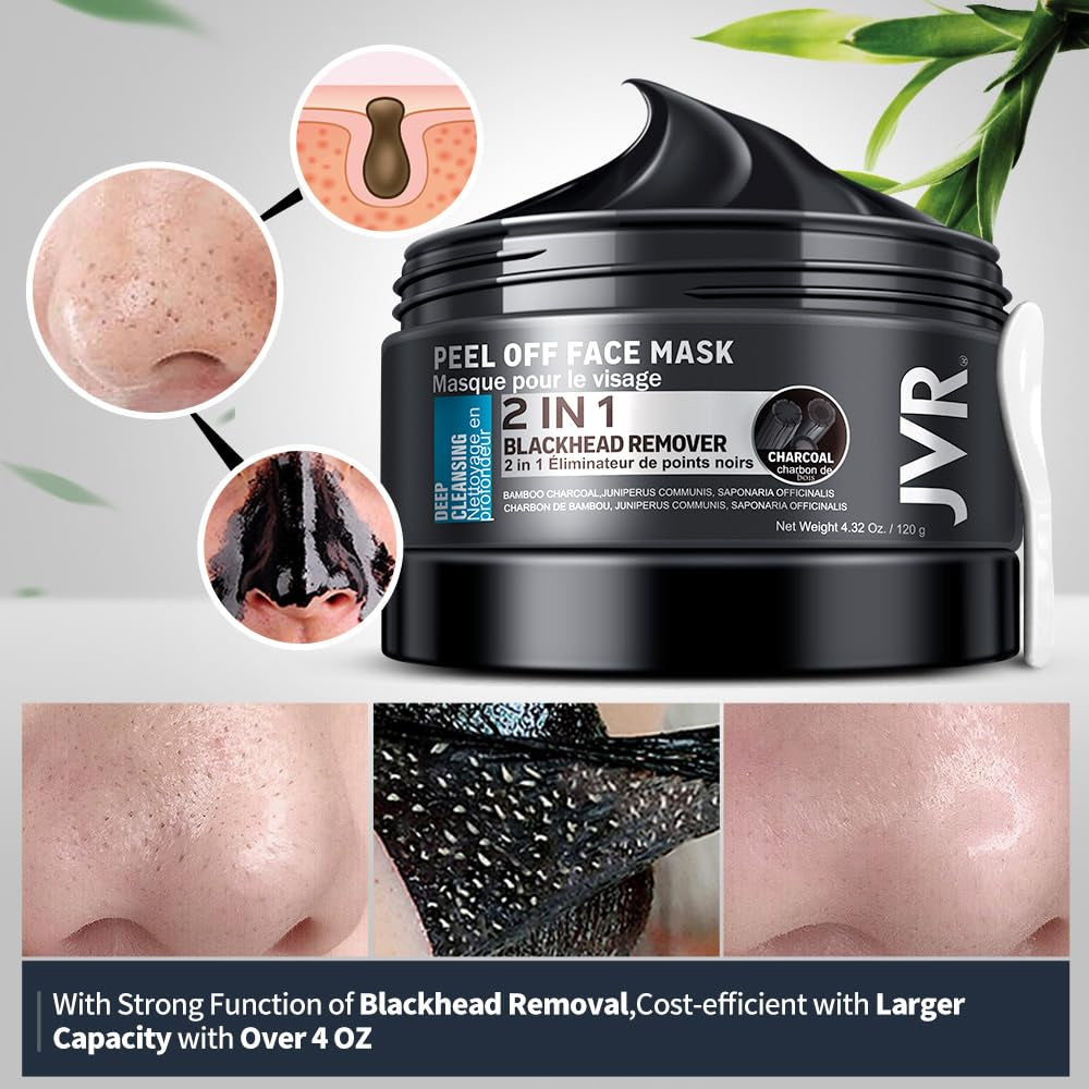 JVR Peel off Face Mask, Blackhead Remover Mask for Men, Charcoal Peel off Black Mask, Facial Mask Purifying and Deep Cleansing for All Skin Types 4.23 OZ