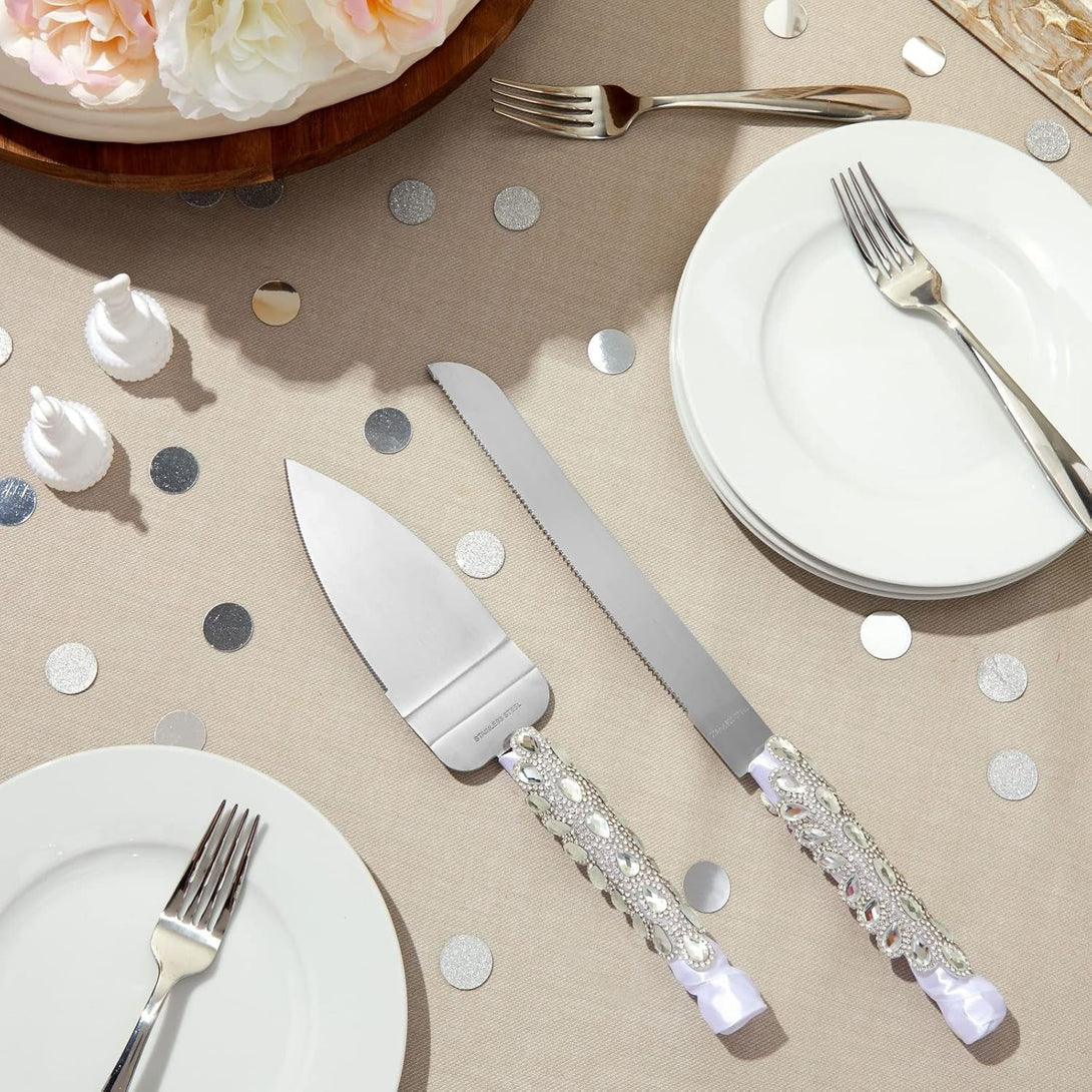 Juvale Stainless Steel Wedding Cake Knife and Server Set for Cake Cutting Ceremony, Embellished with Faux Crystals, Diamonds, Ribbon