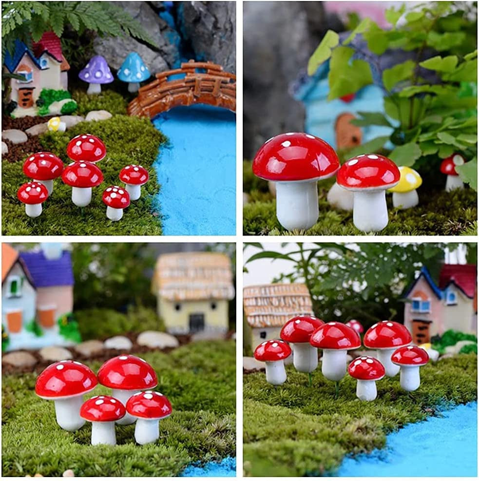 Aliotech 50 Pieces Mini Mushroom Miniatures Artificial Garden Fairy Bonsai Plant Pot Resin Craft Decoration for Home DIY Micro Landscape Decor (Red)