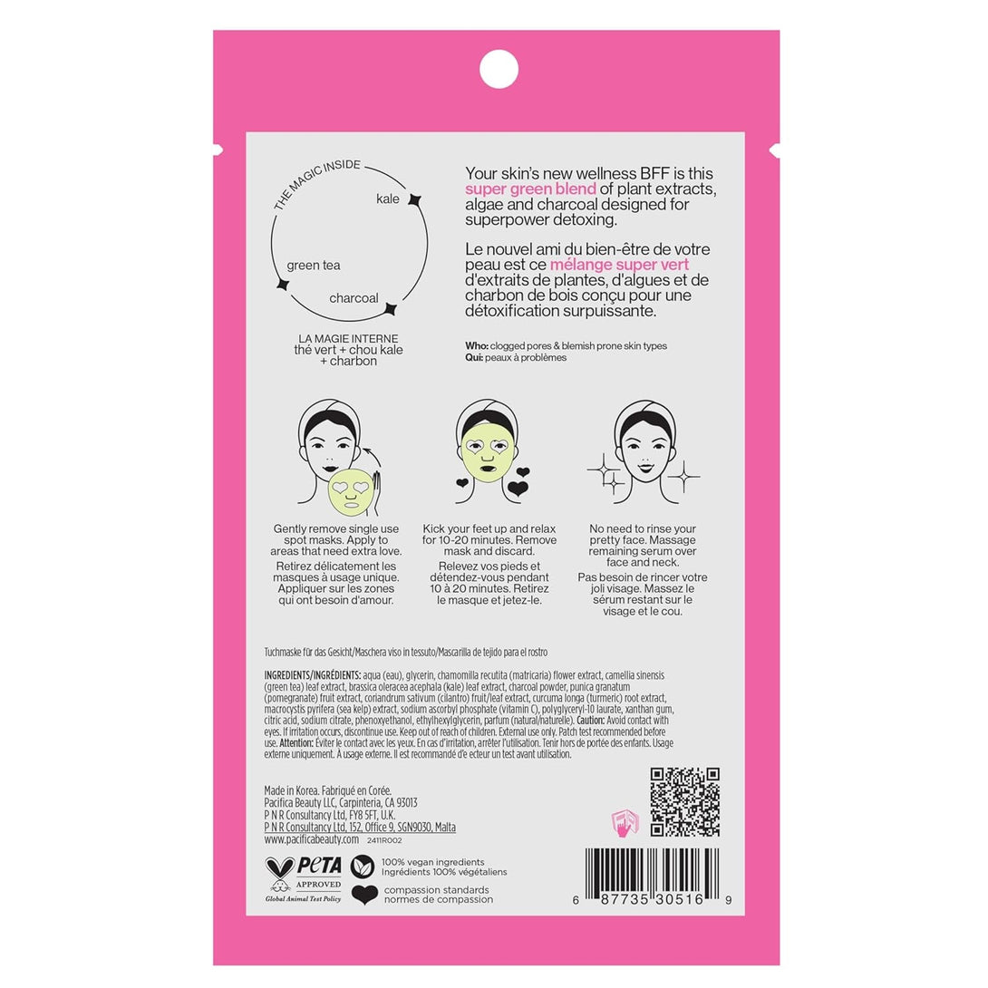 Pacifica Super Green Detox Sheet Mask – Charcoal, Kale & Clay Pore Cleansing Mask for Oily, Blemish-Prone Skin, Deep Detox Facial Mask, Vegan