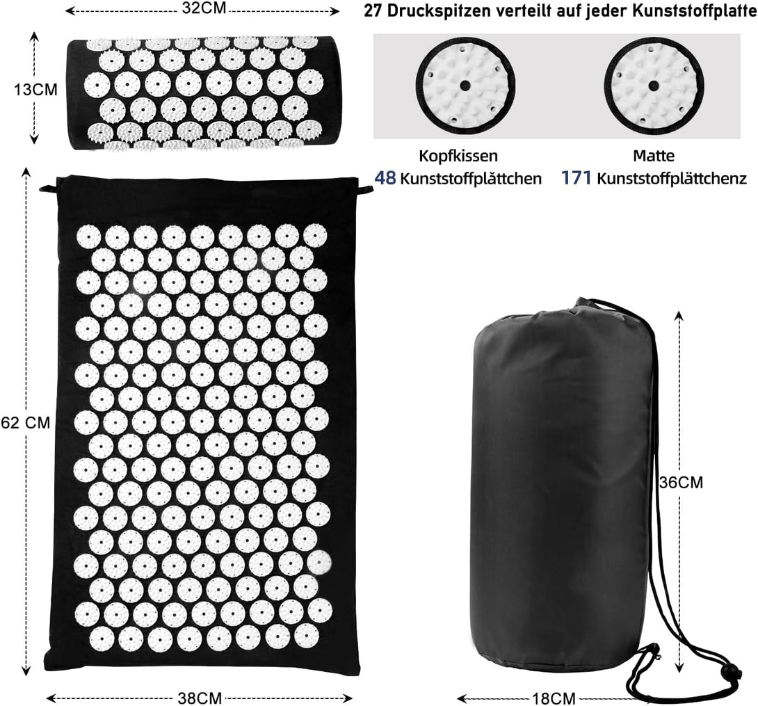 Acupressure Mat Set, Acupuncture Point Massage Pillow, Relieving Neck and Back Pain, Muscle Relaxation and Stress Reduction, Sciatica Relief, Suitable for Men and Women, Carry a Handbag, Black White