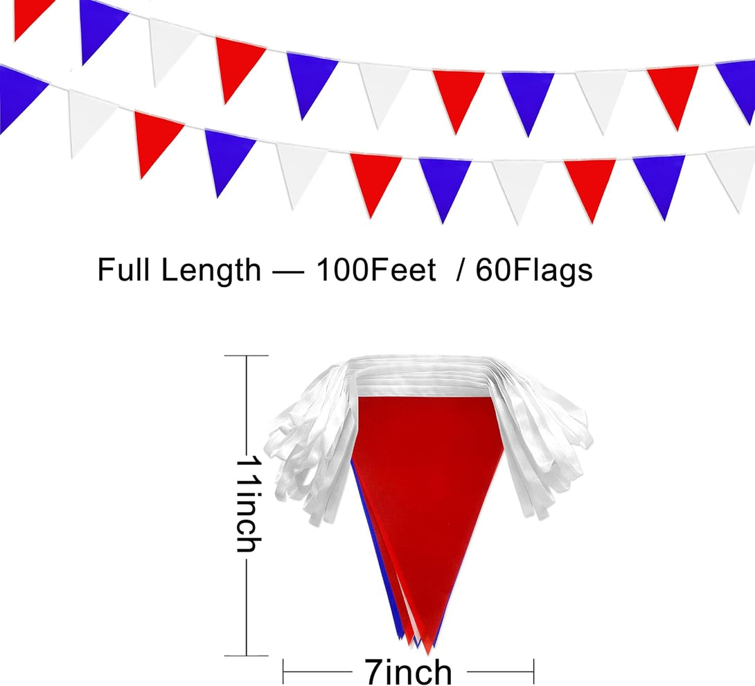 100 Feet Red Blue White Pennant Banner Flags String Triangle Bunting Flag for 4Th of July Kids Birthday Wedding Outdoor Garden Hanging Festivals Decoration,60 Pcs