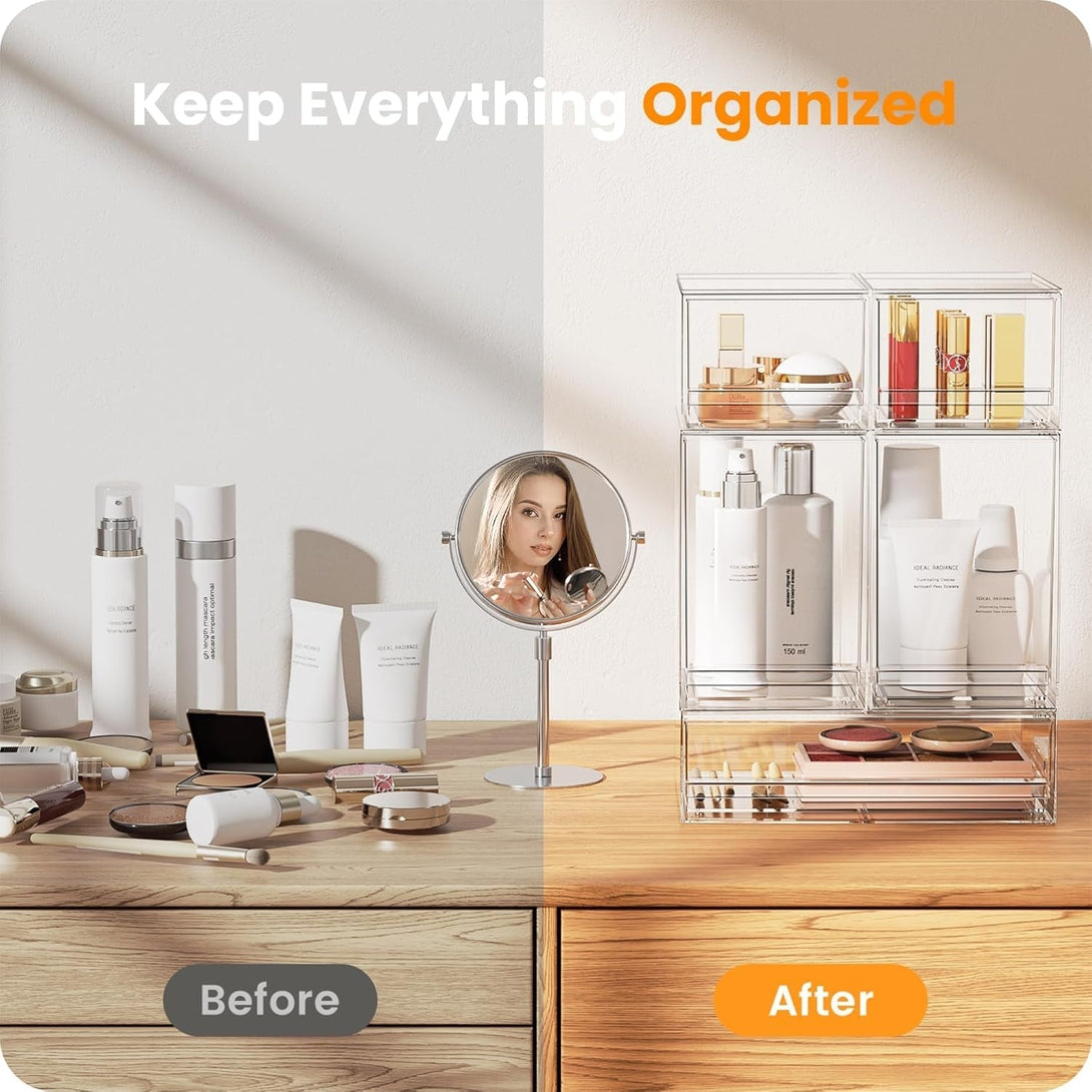 A-Lugei 【𝟰𝗣𝗖𝗦】 Acrylic Stackable Drawers, 7.5" L Makeup Organizer, Bathroom Organizer and Storage, Plastic Storage Bins for Kitchen Cabinet Pantry Medicine Fridge