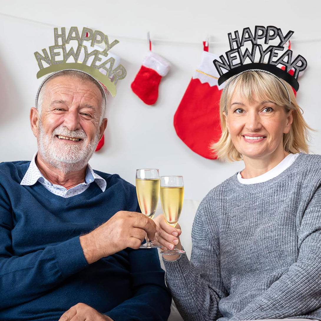 Amosfun HAPPY NEW YEAR Headband Tiara New Years Party Favors Gold Silver Black 12 Pieces