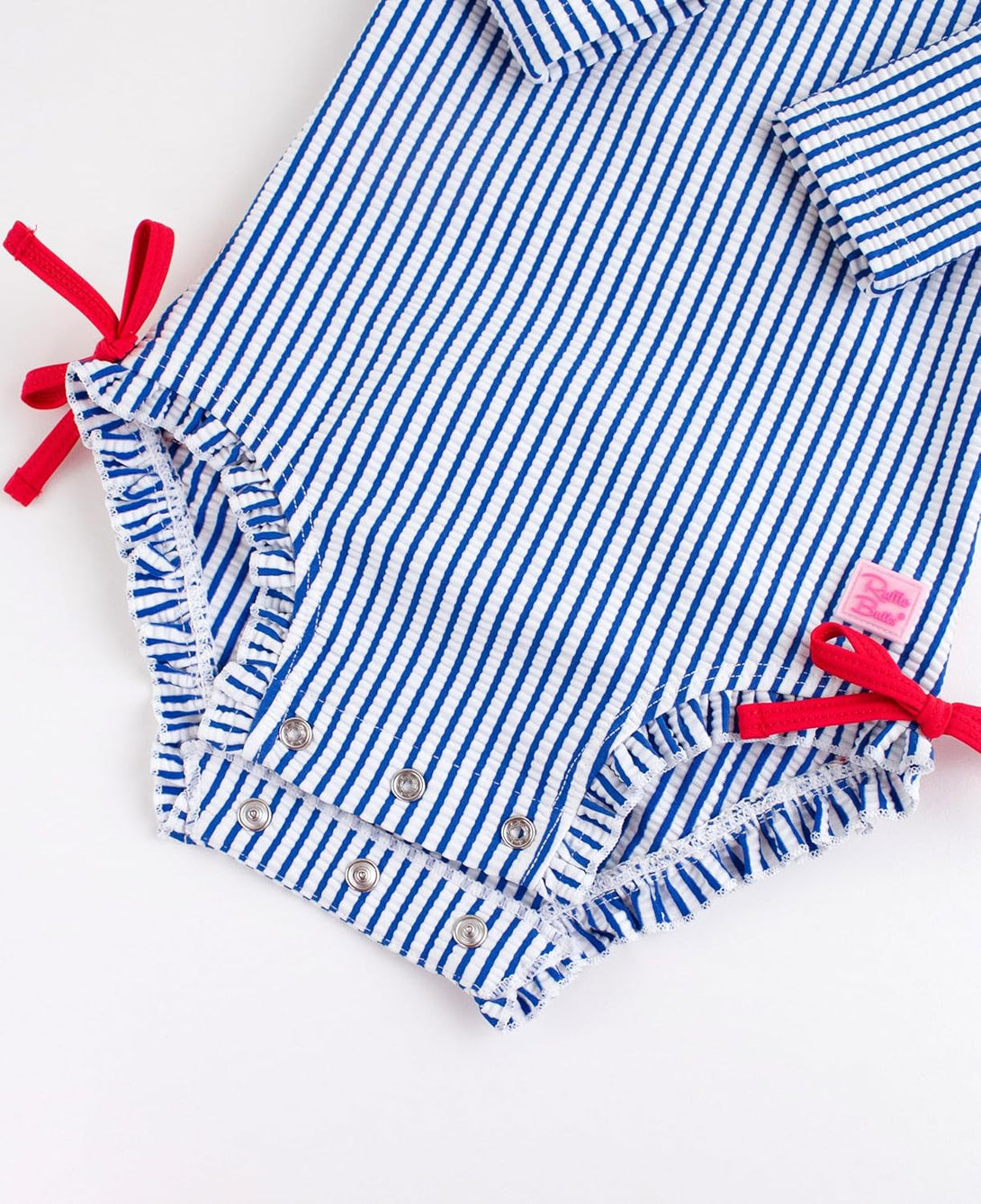 Rufflebutts Baby/Toddler Girls Seersucker Long Sleeve One Piece Rash Guard Swimsuit with UPF 50+ Sun Protection