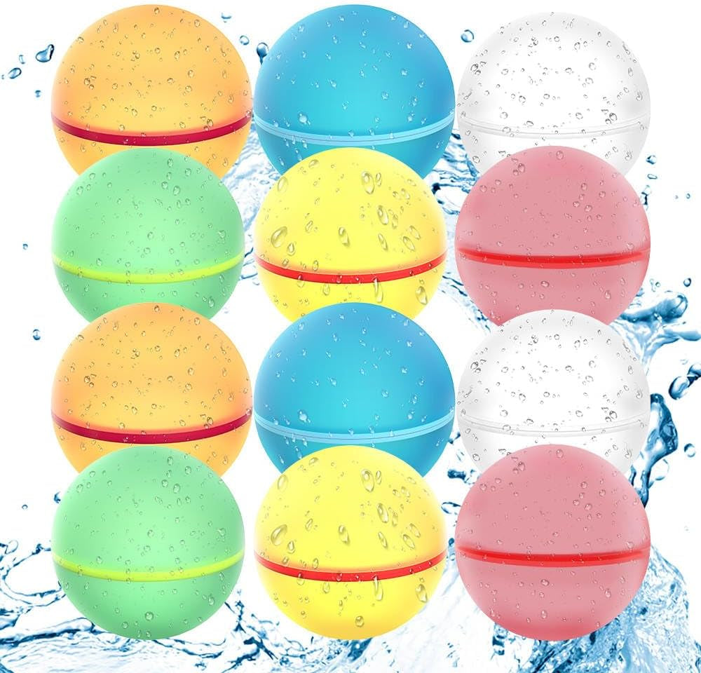 (12 PCS) WATER BALLOONS REUSABLE Silicone Magnetic Self Seal Water Bomb Quick Easy No Mess Backyard Pool Beach Camp Retreats Summer Splash Kids Teens Adults Outdoor Activities - Premium Quality!