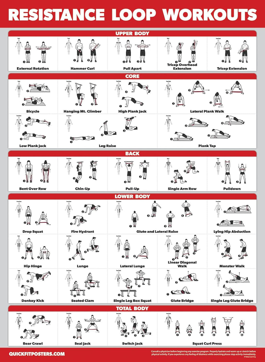4 Pack - Resistance Bands Workout Exercise Posters Volume 1, 2 & 3 + Resistance Loops Fitness Chart (LAMINATED, 18" X 24")